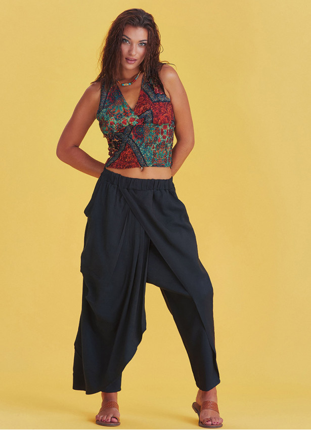 Black Wrap Front Loose Fit Boho Summer Pants