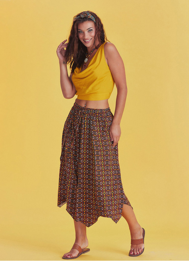 Mustard Patterned Bohemian Split Front Palazzo Pants