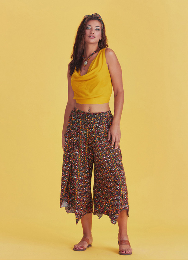 Mustard Patterned Bohemian Split Front Palazzo Pants