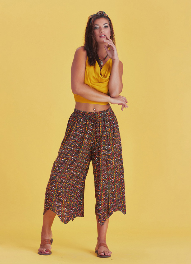 Mustard Patterned Bohemian Split Front Palazzo Pants