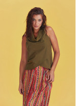 Bohemian Stylish Authentic Degaje Neck Dark Khaki Blouse