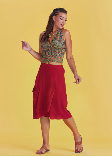 Oversize Pocket Detail Wrap Front Midi Red Boho Skirt