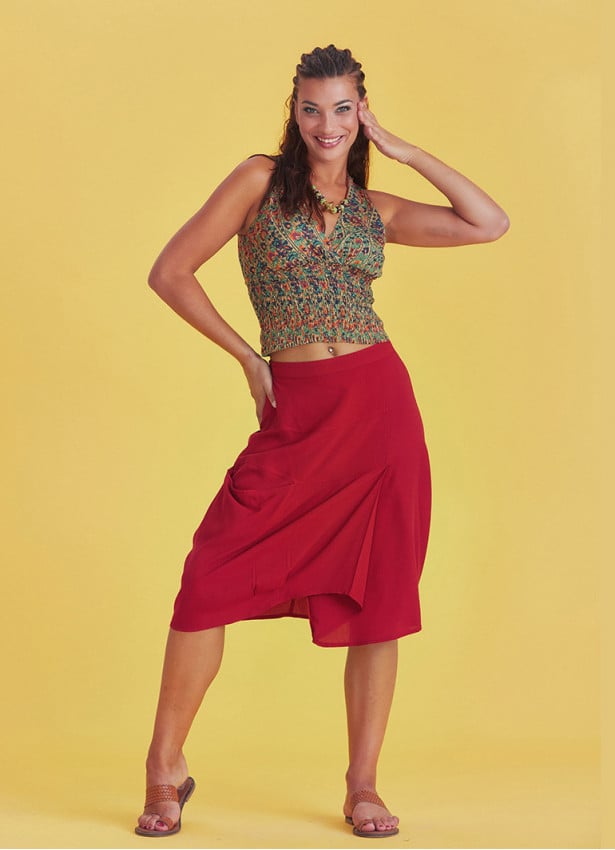 Oversize Pocket Detail Wrap Front Midi Red Boho Skirt