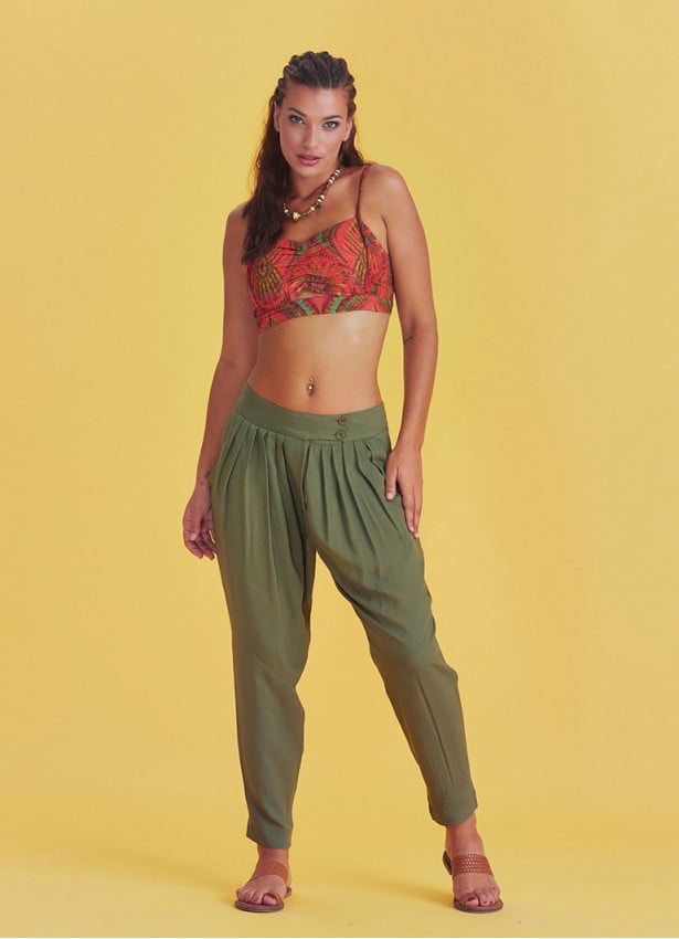 Boho Casual Drop Crotch Khaki Pleated Pants