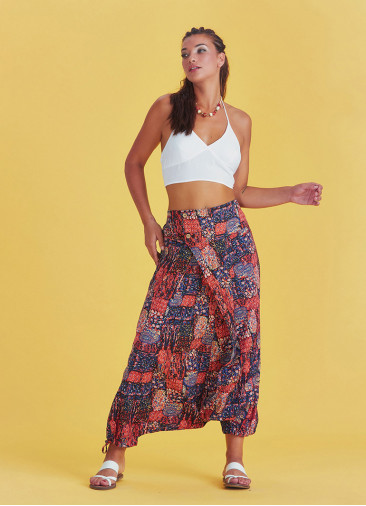 Red Print Adjustable Hem Wraped Harem Pants