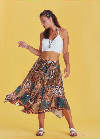 Etnic Print Tie Waist Loose Midi Flared Skirt