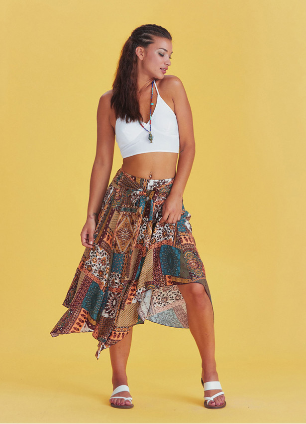 Etnic Print Tie Waist Loose Midi Flared Skirt