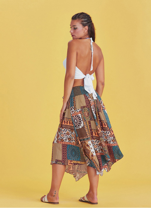 Etnic Print Tie Waist Loose Midi Flared Skirt