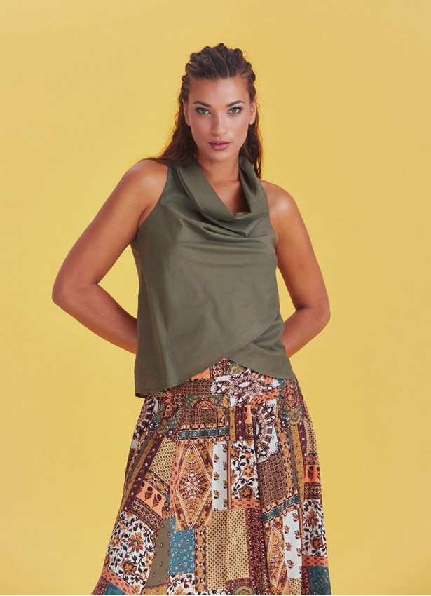 Khaki Bohemian Stylish Authentic Degaje Neck Blouse