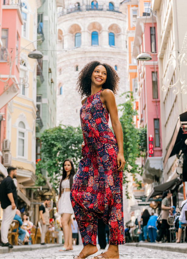 Halter Neck Red Printed Cotton Jumpsuit