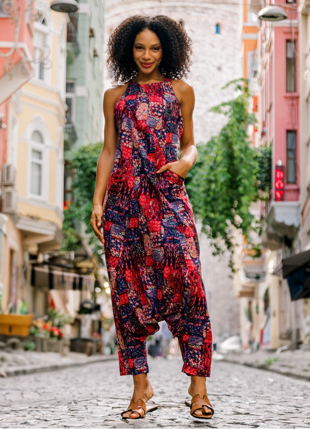 Halter Neck Red Printed Cotton Jumpsuit