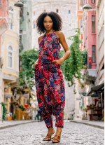 Halter Neck Red Printed Cotton Jumpsuit