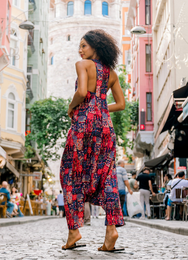 Halter Neck Red Printed Cotton Jumpsuit