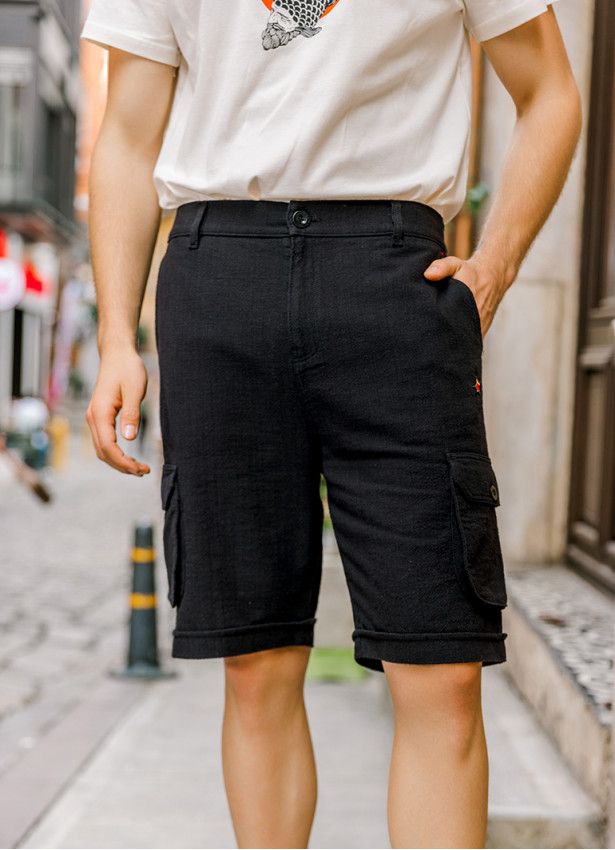 Comfortable Cut Black With Elastic Waist Men's Shorts