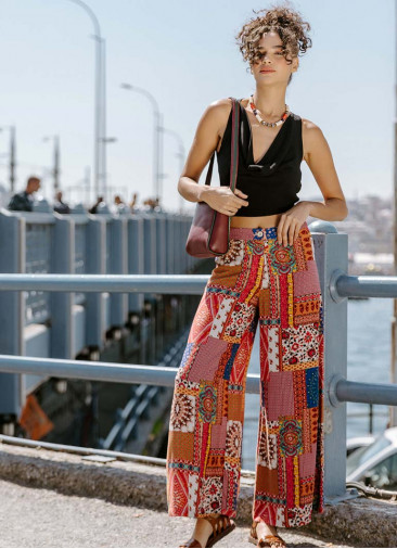 Palazzo High Waist Loose Cut Red Print Trousers