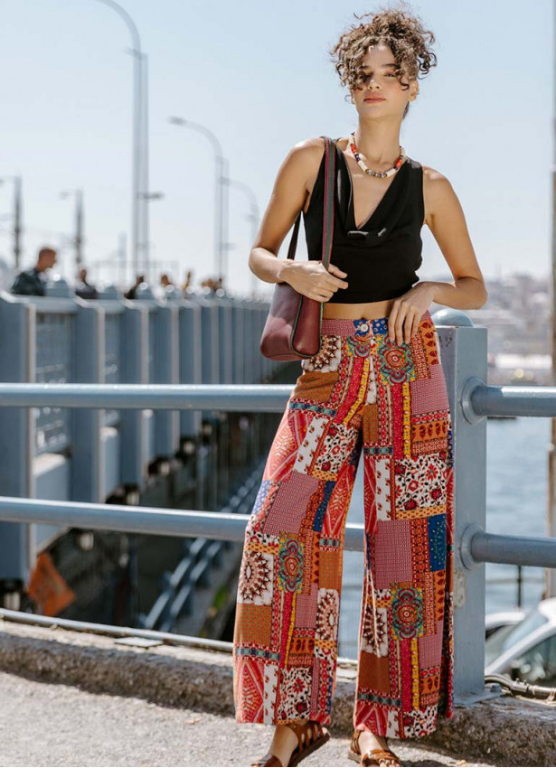 Palazzo High Waist Loose Cut Red Print Trousers