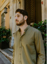 Long Sleeve Khaki Striped Men's Cotton Shirt