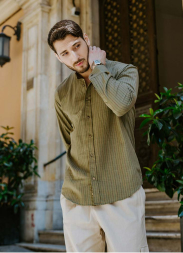 Long Sleeve Khaki Striped Men's Cotton Shirt