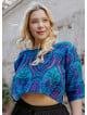 Boho Style Boat Neck Loose Blue Plus Size Top