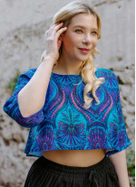 Boho Style Boat Neck Loose Blue Plus Size Top