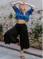 Boho Style Boat Neck Loose Blue Plus Size Top