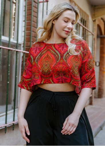 Boho Style Boat Neck Loose Orange Plus Size Top