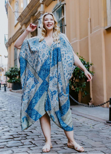 Blue Print Bohemian Style V Neck Cold Shoulder Plus Size Dress