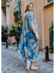 Blue Print Bohemian Style V Neck Cold Shoulder Plus Size Dress