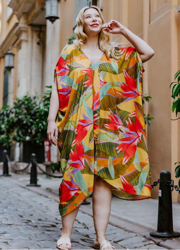 Yellow Print Bohemian Style V Neck Cold Shoulder Plus Size Dress