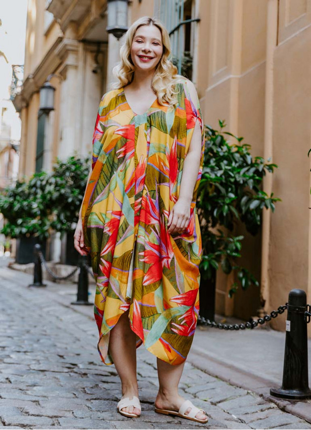 Yellow Print Bohemian Style V Neck Cold Shoulder Plus Size Dress