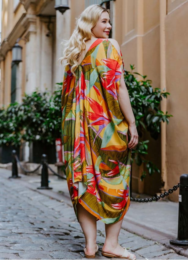 Yellow Print Bohemian Style V Neck Cold Shoulder Plus Size Dress