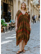 Mustard Print Bohemian Style V Neck Cold Shoulder Plus Size Dress