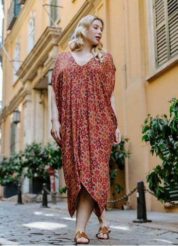 Red Print Bohemian Style V Neck Cold Shoulder Plus Size Dress