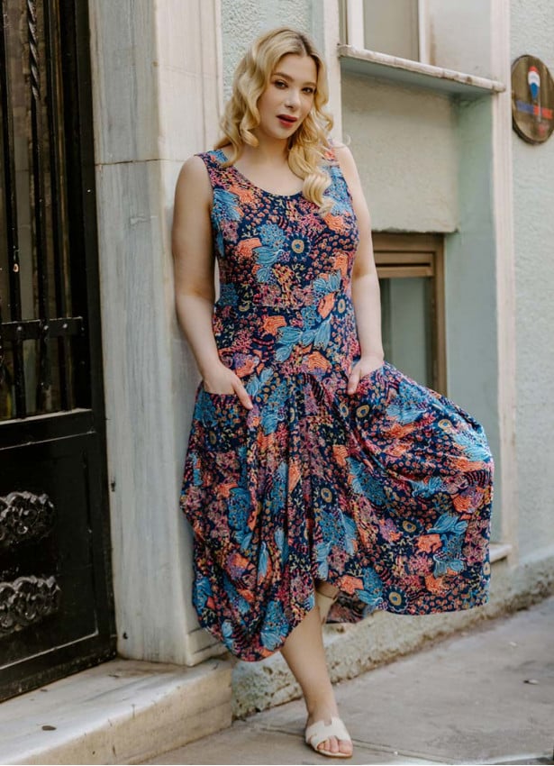 Blue Print V Neckline Bohemian Style Plus Size Dress