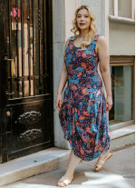 Blue Print V Neckline Bohemian Style Plus Size Dress