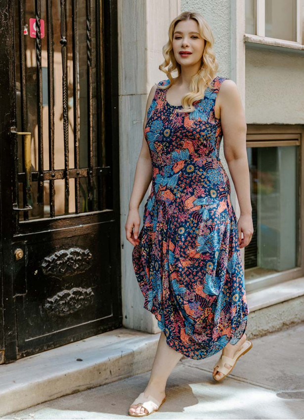 Blue Print V Neckline Bohemian Style Plus Size Dress