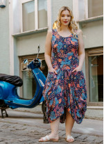 Blue Print V Neckline Bohemian Style Plus Size Dress