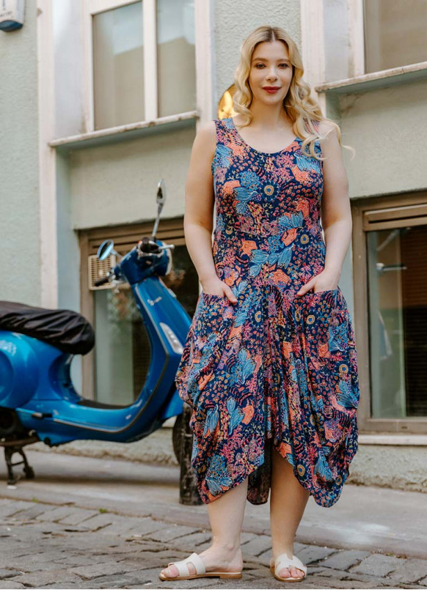 Blue Print V Neckline Bohemian Style Plus Size Dress