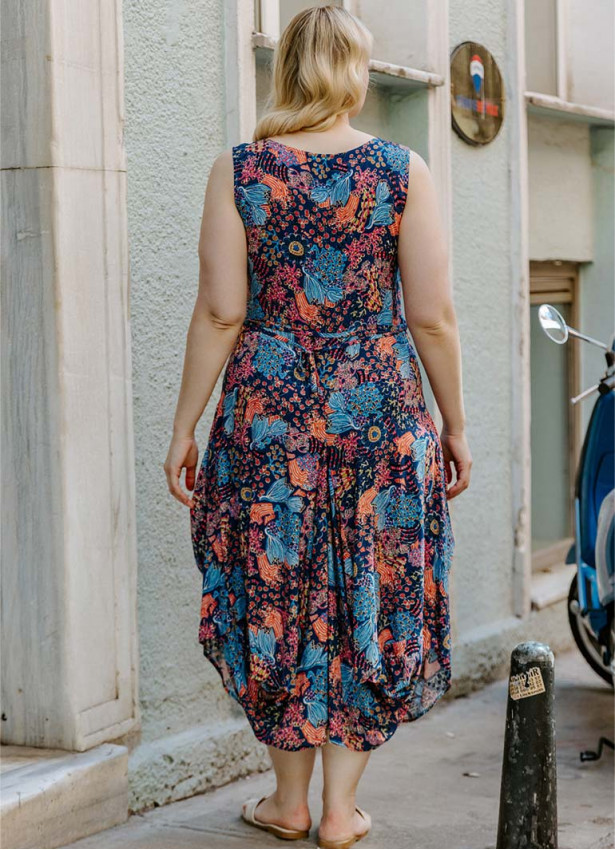 Blue Print V Neckline Bohemian Style Plus Size Dress