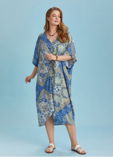 Twist Front Loose Blue Bat Wing Plus Size Dress