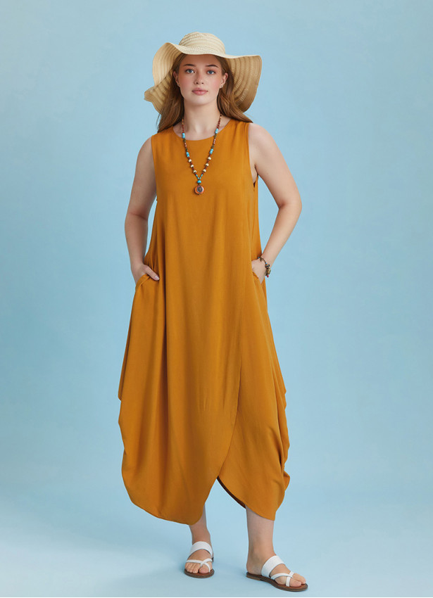 Sleeveless Front Layered Yellow Baggy Plus Size Dress