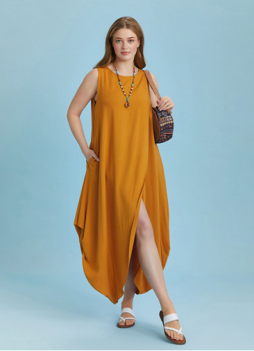 Sleeveless Front Layered Yellow Baggy Plus Size Dress