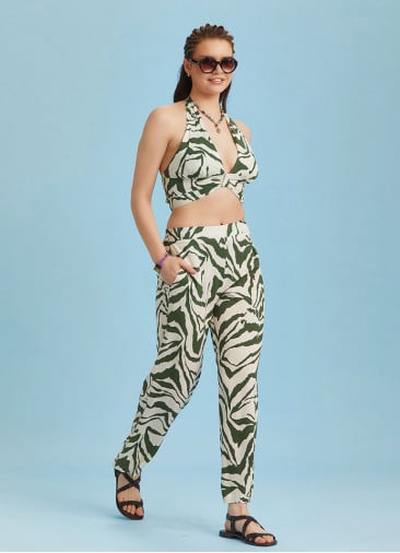 Green Printed Elastic Waist Boho Pants