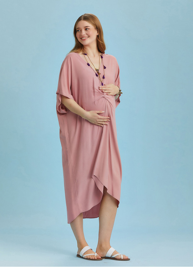 Twist Front Loose Pink Bat Wing Maternity Dress