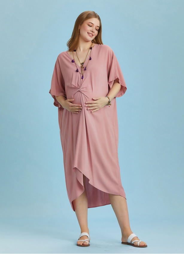 Twist Front Loose Pink Bat Wing Maternity Dress