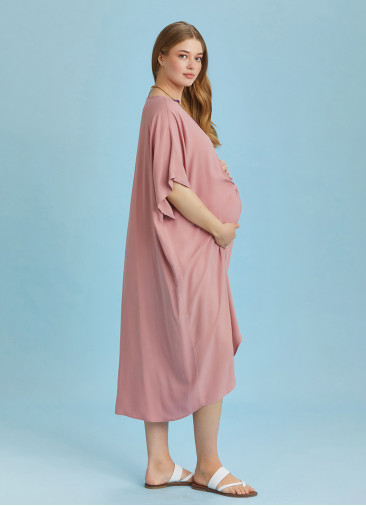 Twist Front Loose Pink Bat Wing Maternity Dress