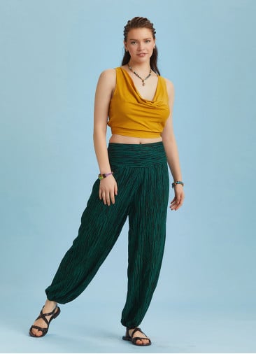 Green Patterned Elastic Waist and Hem Mid Rise Harem Pants