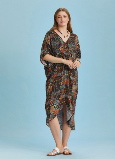 Twist Front Loose Khaki Bat Wing Plus Size Dress