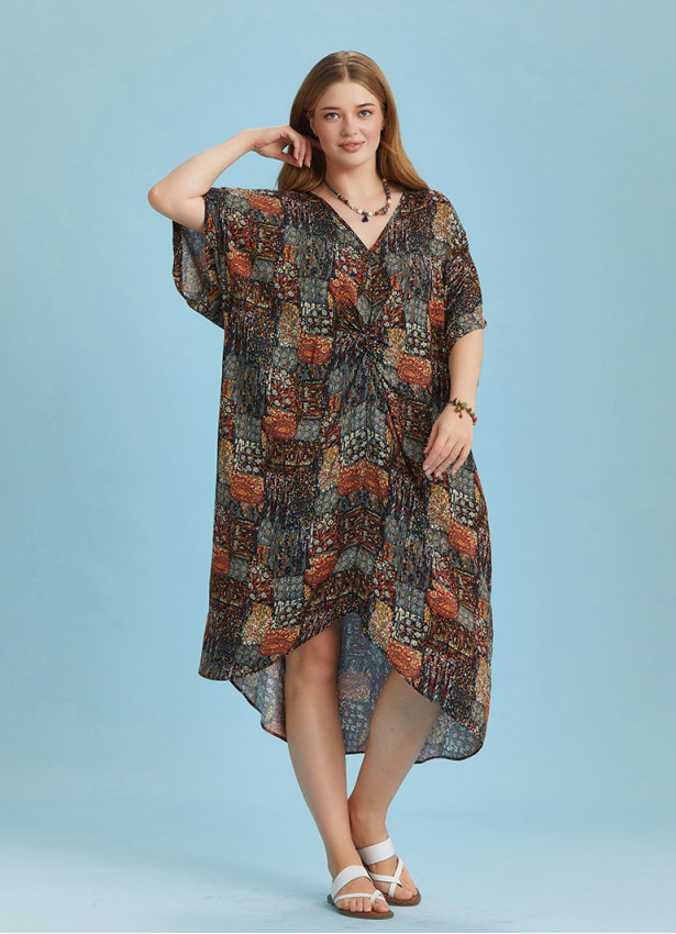 Twist Front Loose Khaki Bat Wing Plus Size Dress