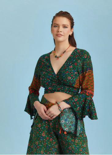 Green Flowers Patterned Gypsy Style Bell Sleeve Crop Top